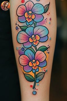 a colorful flower tattoo on the leg