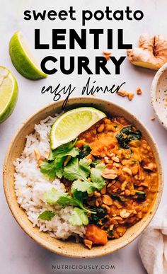 sweet potato lentil curry with white rice and avocado in a bowl next to limes