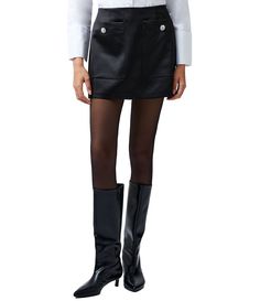 From French Connection&#x2C; this skirt features:Satin fabrication2 front pocketsEmbellished buttonsBack zipper closureApprox. 15.8" lengthPolyester/elastaneMachine washImported. Dillard's, French Connection, Mini Skirt, Mini Skirts, Satin, Zipper, Skirt, Clothes For Women, Clothes