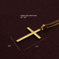 "*Christian cross necklace is Highly polished shiny both sides surface simple and classic design pendant with 3mm wide cuban chain. *Silver, Gold Cross Necklace for men, cross pendant with chain High Quality 316L Stainless Steel is Commonly used for jewelry because it will not oxidize or turn black with only minimal maintenance. *Cross Pendant size : Length - 1.38\"(35mm), Width - 0.91\"(23mm), Cross Chain size : Length - 18\" - 30\", Width - 3mm. Seven different lengths provided for you option, Elegant Stainless Steel Necklace For Father's Day, Gold Spiritual Cross Necklace In Stainless Steel, Gold Stainless Steel Spiritual Cross Necklace, Gold Minimalist Stainless Steel Cross Necklace, Gold Stainless Steel Minimalist Cross Necklace, Minimalist Gold Stainless Steel Cross Necklace, Gold Adjustable Chain Jewelry For Father's Day, Father's Day Gold Jewelry With Adjustable Chain, Gold Stainless Steel Cross Necklace For Gift