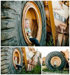 a collage of photos with a baby sitting in the front of a tractor tire