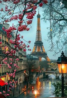 the eiffel tower is lit up with pink flowers