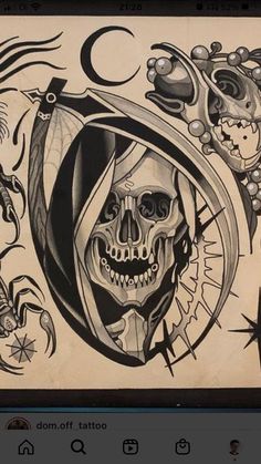 an old school tattoo design on the back of a cell phone screen, with skulls and other tattoos