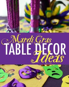 mardi gras table decor ideas with purple and green decorations on the table in front of them