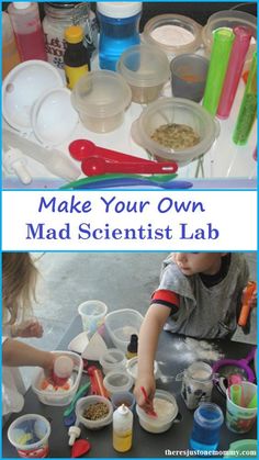 kids making their own mad scientist lab in the kitchen and on the table with spoons