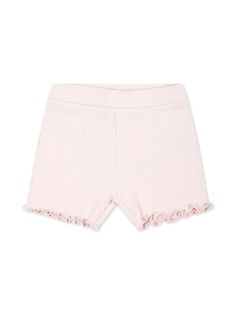 light pink stretch-cotton fine ribbed appliqué logo elasticated waistband frilled hem Spring Ruffled Shorts For Playwear, Spring Playwear Shorts With Ruffles, Ribbed Summer Shorts, Ribbed Summer Shorts With Short Legs, Solid Ribbed Summer Shorts, Solid Ribbed Shorts For Summer, Spring Ribbed Shorts, Stretch Ribbed Shorts For Spring, Spring Cotton Ribbed Bottoms