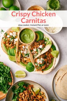 the cover of crispy chicken carnitas is shown with tortillas and avocado