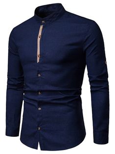 Contrast Placket Roll Up Long Sleeve Shirt - Cadetblue - 4C04341924 - Men's Clothing, Men's Tops & T-Shirts, Men's Shirts  #MensShirts #Men's #Clothing # #Men's #Tops #& #TShirts # #Men's #Shirts Blue Crew Neck Shirt With Button Closure, Navy Collared Top With Buttons, Fitted Blue Top With Stand Collar, Blue Slim Fit Button-up Top, Navy Fitted Top With Placket, Blue Top With Collar And Placket, Full Sleeve Shirts, Streetwear Office, Blouse Man