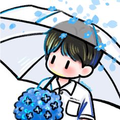 a drawing of a boy with an umbrella holding blue flowers in his hand and writing on it