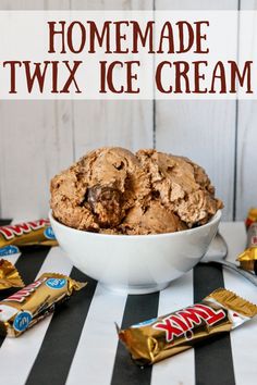 homemade twix ice cream in a white bowl with candy bars on the side