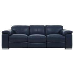 a blue leather couch with two reclinings on the back and one arm extended