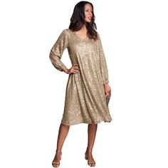 Step into the spotlight with the Roaman's Women's Plus Size Sequin Swing Dress, a dazzling ensemble designed to make you shine at any event. 

- Size: 18/20
- Color: Sparkling Champagne
- Material: Sequin mesh
- Gender: Female
- Age Group: Adult

This dress features a charming V-neck and a flowing swing silhouette that ensures graceful movement, while the long blouson sleeves with elasticized cuffs add a touch of sophistication. Fully lined at the body for comfort, this dress is perfect for even Sparkling Champagne, Plus Size Sequin, Graceful Movement, Embellished Maxi Dress, Ruffle Trim Dress, Embellished Gown, Ladies Of London, Plus Size Dress, V Neck Dress