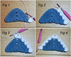 four pictures showing how to crochet the triangle for an ornament pattern