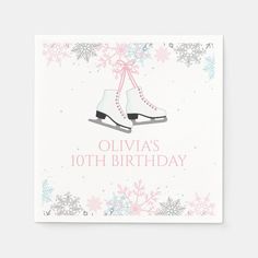 a birthday card with ice skates and snowflakes on the front in pink