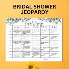 the bridal shower jeepary is displayed next to a vase with yellow flowers