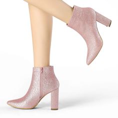 These stylish boots are made of a material that will be a big hit. They have an elasticated side zipper, sequin upper, and high-block heels for an added touch of style. They are great for parties, clubs, dating, daily, and going out. These boots are eye-catching, so just pair them with your skirts or skinny jeans to create a stylish, fashionable look. Party Heeled Boots With Zipper Closure, Ankle-high Party Boots With Zipper Closure, Pink Block Heel Boots For Party, Glitter Heeled Boots With Round Toe For Fall, Pink Round Toe Boots For Party Season, Party Ankle Boots With Zipper Closure, Pink Glitter Boots For Fall, High Heel Sequined Winter Boots, Party High Ankle Heeled Boots With Zipper