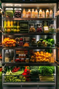 an open refrigerator filled with lots of fresh fruits and vegetables