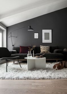 a living room filled with furniture and a dog laying on top of a rug in front of a window