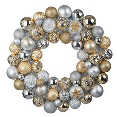 a silver and gold christmas ornament wreath