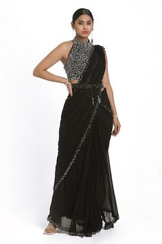 Black pre-draped saree with bead and mirrorwork embroidered floral cut-out border. Comes with a padded blouse highlighted by bead sequin cluster motifs. Comes with belt. - Aza Fashions Engagement Saree, Party Wear Lehenga Choli, Salwar Dress, Dress Salwar Kameez, Drape Saree, Lehenga Collection, Party Wear Lehenga, Party Wear Indian Dresses, Designer Lehenga Choli