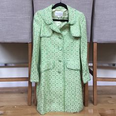 This Coat Is Unlike Anything I've Seen In A While. Just So So Pretty. The Tag Isn't Attached Anymore But The Remnant Of It Is. Never Worn. Size Xs. Elegant Green Silk Outerwear, Spring Silk Outerwear With Pockets, Green Silk Outerwear For Spring, Green Silk Long Sleeve Outerwear, Designer Tailored Spring Outerwear, Spring Silk Fitted Outerwear, Silk Long Sleeve Outerwear With Pockets, Fitted Silk Outerwear With Pockets, Fitted Silk Winter Outerwear