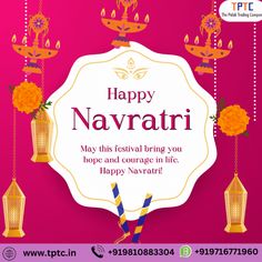 happy navratii festival greeting card with hanging lanterns and flowers on pink background