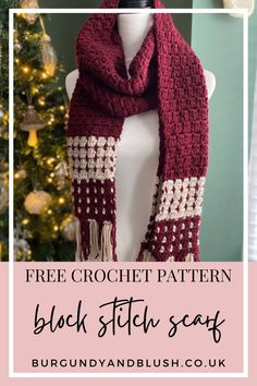 the free crochet scarf pattern is shown in front of a christmas tree