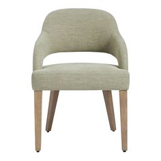 an upholstered chair with wooden legs and a light green fabric seat padding