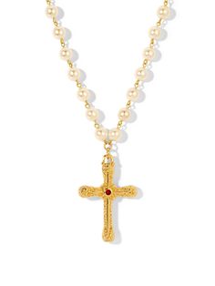 A hint of familiarity... Features a vintage ivory Cultured Pearl Chain with a gold-dipped brass cross pendant with a Ruby CZ in center of Cross Necklace. Length: 17 ¾” Imported N5195 Gold Cross Necklace With Pearl Charm, Gold Cross Necklace With Pearl Pendant, Gold Cross Necklace With Pearl Chain, Gold Necklaces With Pearl Chain And Cross Pendant, Gold Necklace With Pearl Chain And Cross Pendant, Gold Cross Jewelry With Pearl Charm, Gold Cross Pendant Jewelry With Pearl Charm, Gold Jewelry With Pearl Charm Cross Pendant, Pearl Cross Necklace