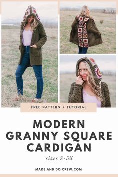 the modern granny square cardigan crochet pattern is shown in three different styles