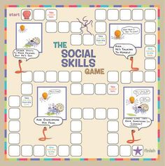 the social skills game is shown in this graphic style, with different words and pictures on it