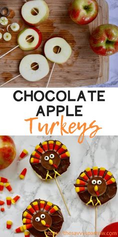 chocolate apple turkeys with apples and candy on the side, and in front of them