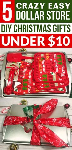 christmas gifts under $ 10 are on display with the text, 5 amazing dollar store diy christmas gifts under $ 10