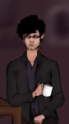 a drawing of a man with black hair and glasses holding a coffee cup in his hands