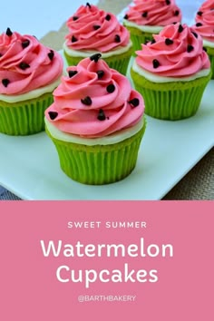 sweet summer watermelon cupcakes with pink frosting and sprinkles