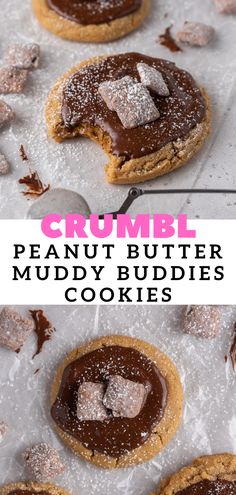 some cookies that have been cut in half and are on top of each other with the words crumbl peanut butter muddy buddies