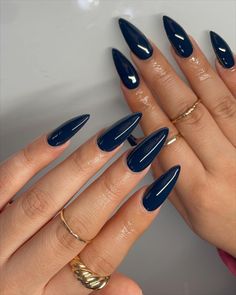 New Nail Set Ideas, Navy Dark Blue Nails, Dark Blue Navy Nails, Dark Blue Nails With Design Almond, Pointy Blue Nails, Deep Navy Blue Nails, Dark Blue Nails Inspiration, Deep Blue Nails Acrylic, Navy Blue Stiletto Nails