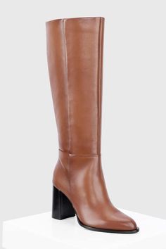 Tan leather based long boots with black block heels and closed almond front toe. - Aza Fashions Leather Long Boots, Long Leather Boots, Brown Plain, Black Block Heels, Fashion App, Long Boots, Aza Fashion, Tan Leather, High Heel