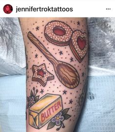 a woman's leg with some food on it and the words butter written in english