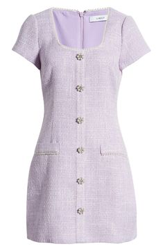 Glittering crystals and imitation pearls add glam touches to a sheath-style minidress cut from dreamy pastel-hued tweed. 33 1/2" length (size 8) Hidden back-zip closure Square neck Short sleeves Decorative welt pockets Lined 100% polyester Dry clean Imported Purple Tweed Outfit, Pastel Professional Work Outfits, Secretary Fashion, Lilac Outfits, Pink Tweed Dress, Chanel Dress, Pastel Dress, Check Dress, Dinner Outfits