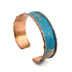 Solid Copper Statement Patina Cuff Bracelet With Molten Copper Edging, Verdigris Rustic Patina Luxury Narrow Copper Cuff Bracelet. Sizing : .5" W x 6.75" L - Adjustable Sizing : .5" W x 7.25" L - Adjustable Material: Solid Copper Rustic Verdigris Patina Stunning detail on these beautiful luxury copper cuffs. Beautiful annealed molded copper edging on this rustic patina cuff bracelet. Treated with a rustic verdigris patina for that beautiful weathered look. 100% copper, nickel & lead-free. Sealed with triple baked on lacquer which will protect the cuff from oxidation, providing long-lasting wear & durability.These are very sturdy but adjustable. To care for your luxury cuff, avoid immersing it in water or exposing it to harsh chemicals. With proper maintenance, it will maintain its luxuriou Copper Cuff Bracelet, Copper Cuff, Cuff Bracelet, Patina, Long Lasting, Copper, Cuff, Water