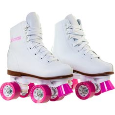 two white roller skates with pink wheels