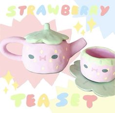 two ceramic teapots with faces on them are shown in front of a starbursty background