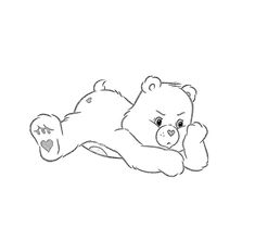 a black and white drawing of a teddy bear laying on it's back with its paw in the air