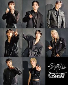 several pictures of the same person in different outfits and poses, one with his finger up