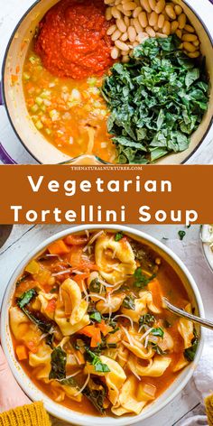 vegetarian tortellini soup in a white bowl with spinach and beans