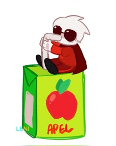 a cartoon character sitting on top of an apple box