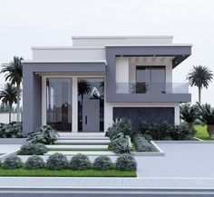 a modern house with palm trees in the front yard and landscaping on the side walk