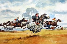 an oil painting of men on horses chasing after another man who is falling off his horse