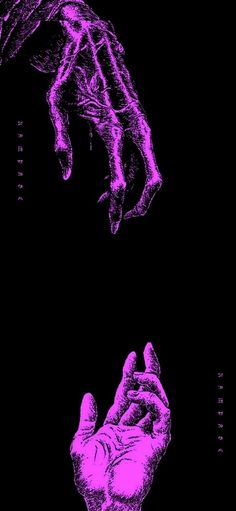 two hands reaching towards each other in the air with purple ink on black paper above them